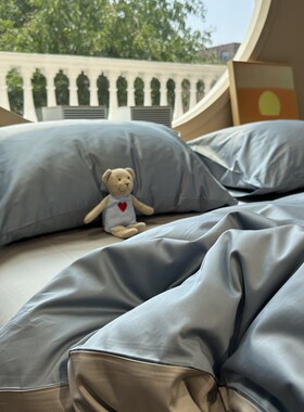 100支蓝色简约长绒棉双拼纯棉四件套全棉1.5m1.8米被套丝滑裸睡