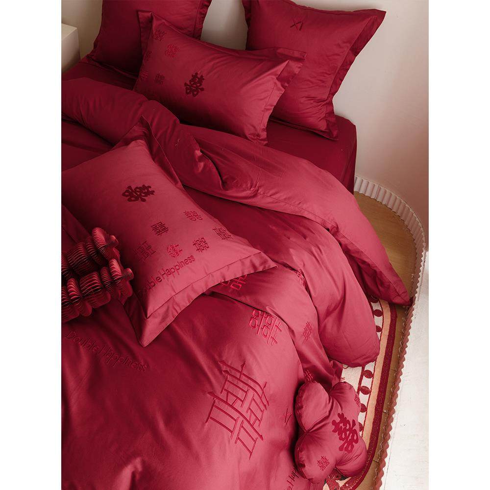 婚S精致美观结140长绒棉四件F9HT6S8套纯棉婚房喜字床笠庆款红色