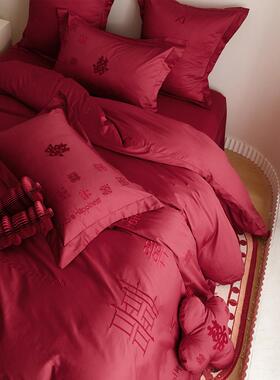 婚S精致美观结140长绒棉四件F9HT6S8套纯棉婚房喜字床笠庆款红色