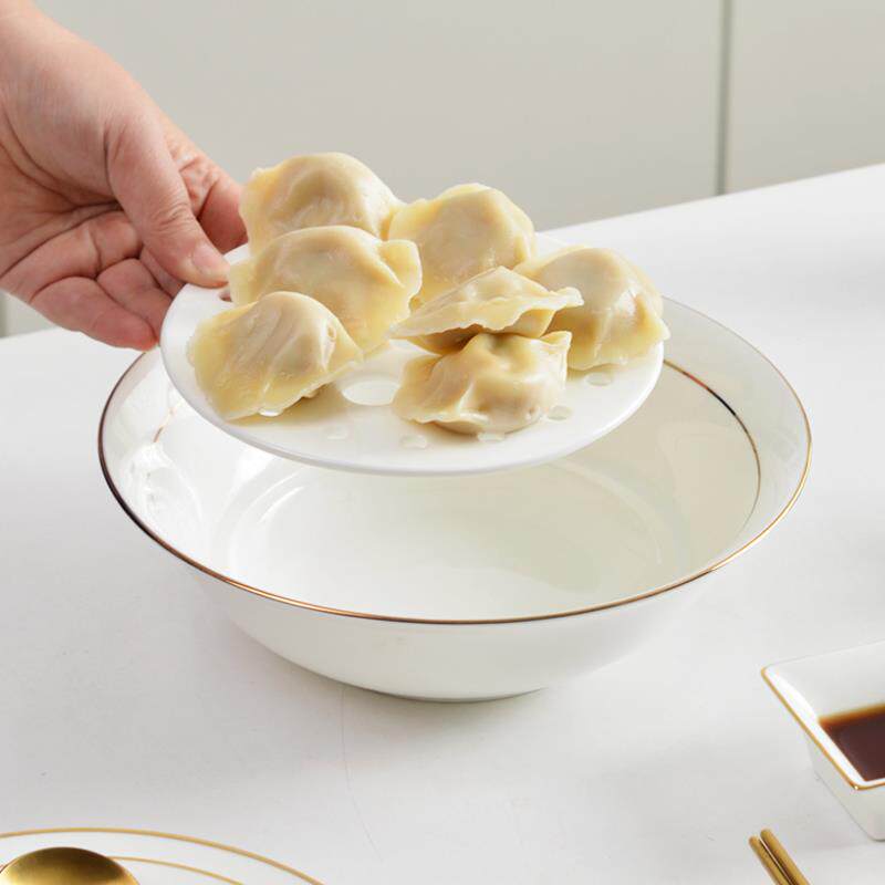 餐具饺子盘家沥双层盘用捞饺子盘MXD陶号瓷10英寸大水圆形水饺盘
