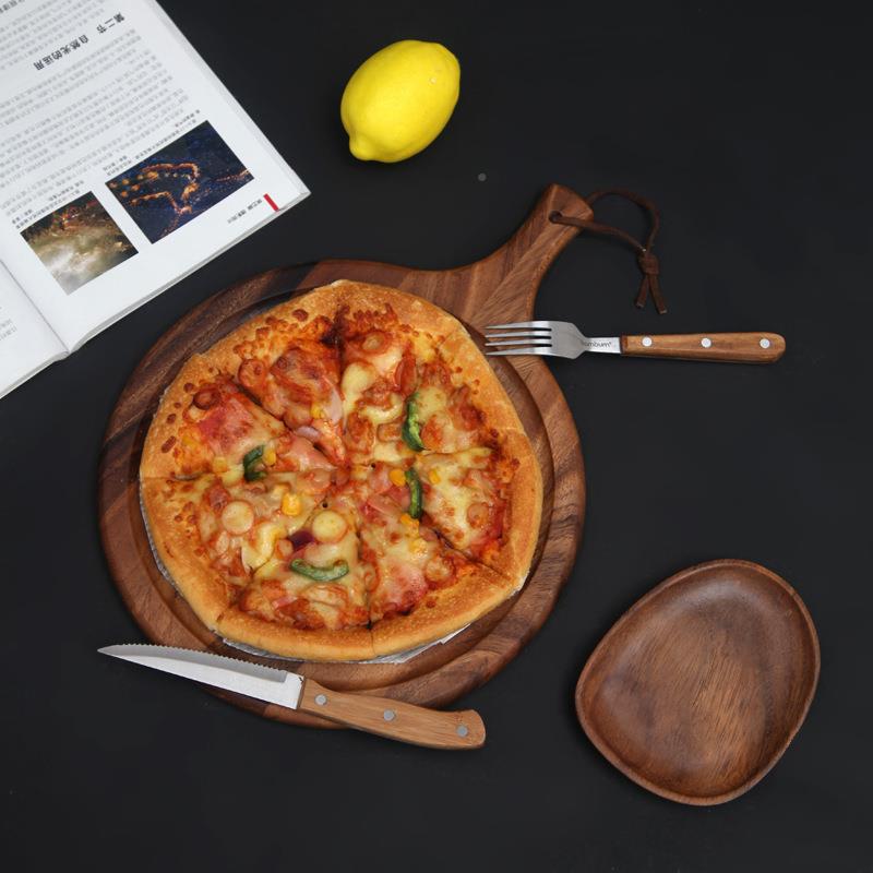 跨日式实木境披萨盘木质托盘VWM司圆形家用面寿板西包餐牛排板蛋