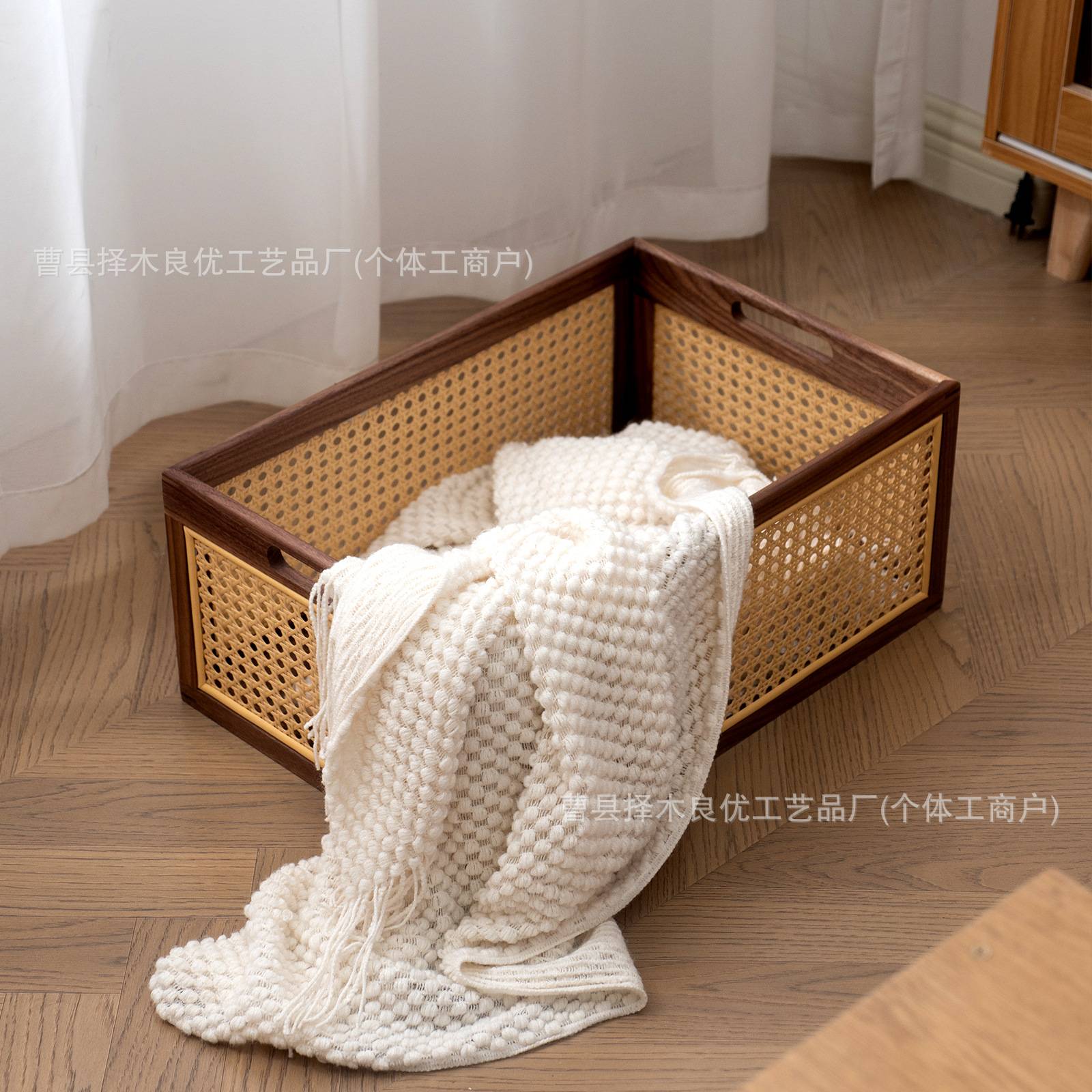 实木整理箱木质藤编收纳筐家用桌面玩具收纳篮编织杂物筐家居储物
