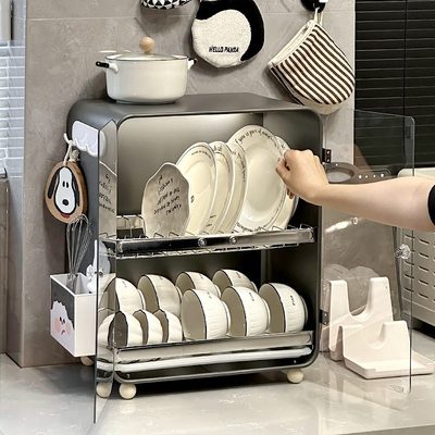 双层不锈钢碗台面大容量盘碗柜防尘沥水碗架厨房碗碟收纳架架带盖