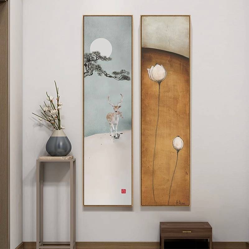 日式原木风玄关装饰画新中式禅意酒店民宿房间走廊挂画竖版荷花画图片