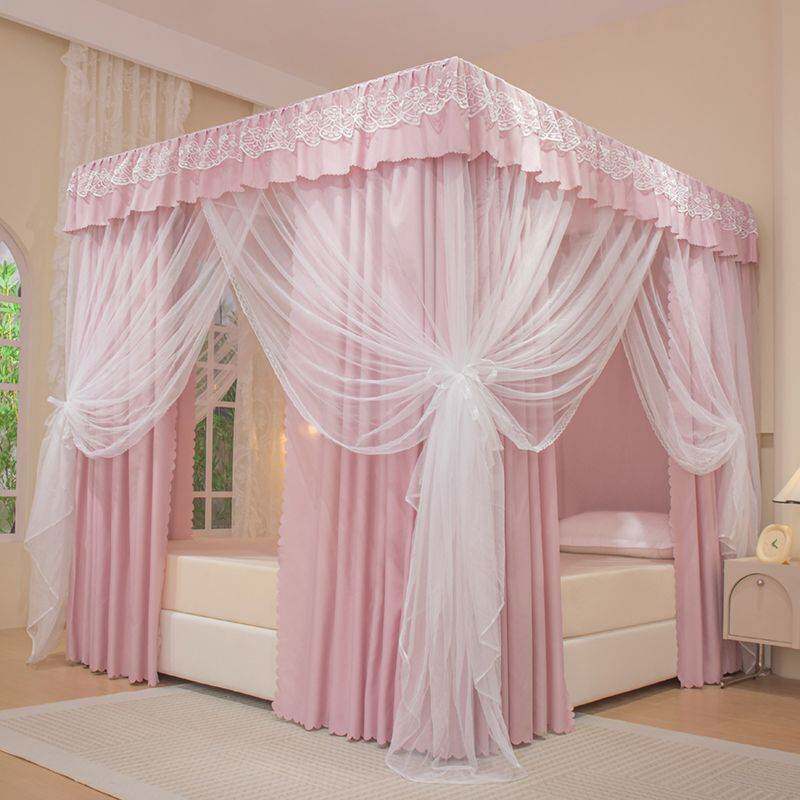 家用加厚遮光床帘公主卧室三开门床幔防尘一体式保暖落地蚊帐支架