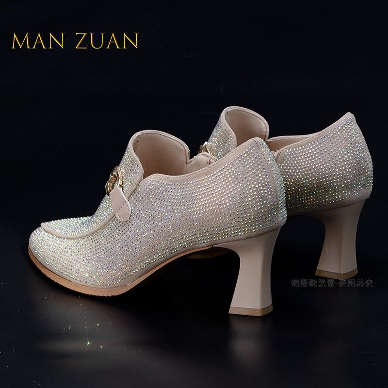 满钻米色中高跟广场舞春秋尖头深口单鞋尖头小粗跟拉丁舞鞋女成人,女鞋,深口单鞋,淘宝优惠券,粉丝福利购,淘宝优惠卷