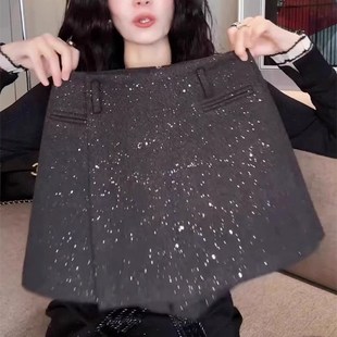 欧货亮闪闪毛呢裙裤女冬季新款大码梨形身材小个子加厚a字包臀裙