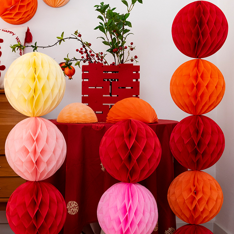 糊涂娘娘蜂窝球灯笼球立柱婚房布置装饰客厅结婚拉花摆件婚庆用品