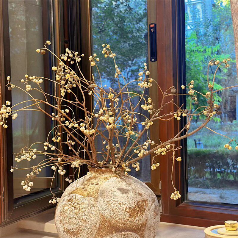 天然树枝树干装饰侘寂风干花高级感真花民宿插花摆件乌桕果小白果