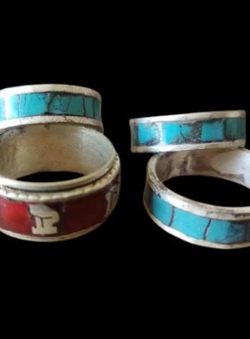 名族风藏式风格六字真言男女款戒指藏银合金镶嵌情侣款指环礼物