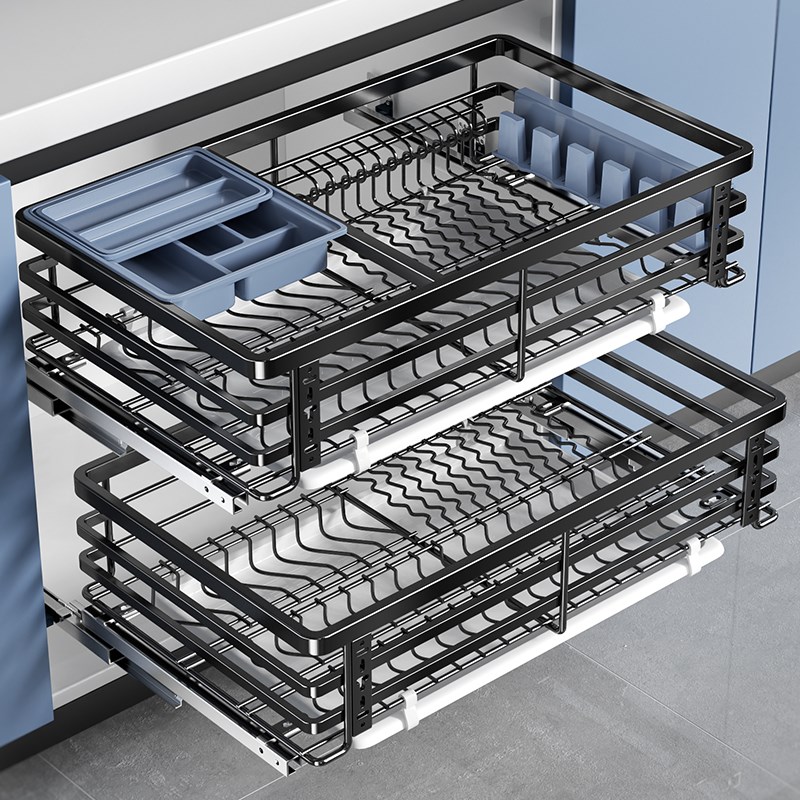 拉篮厨房橱柜304不锈钢厨房拉篮双层抽屉式碗架碗U柜碗碟收纳碗篮