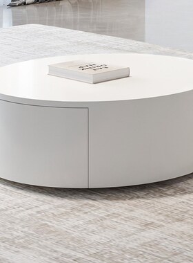 现代简约b白色圆形双抽屉实木多层烤漆茶几小户型家用客厅极简茶