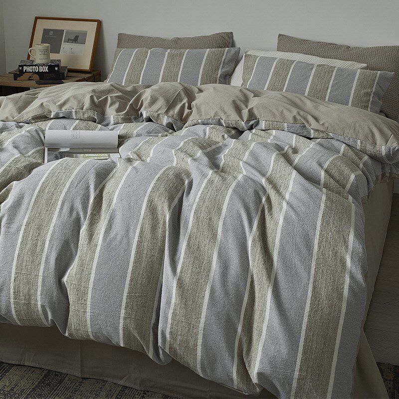 新款条纹立体提花四件套全棉 水洗棉灰色简约床单学生三件套