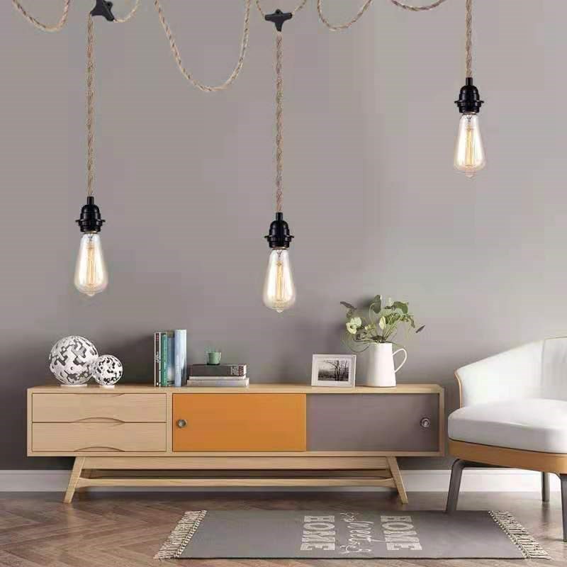 复古麻绳麻花灯头线单头3头串联一拖三灯串E26 E27螺口灯