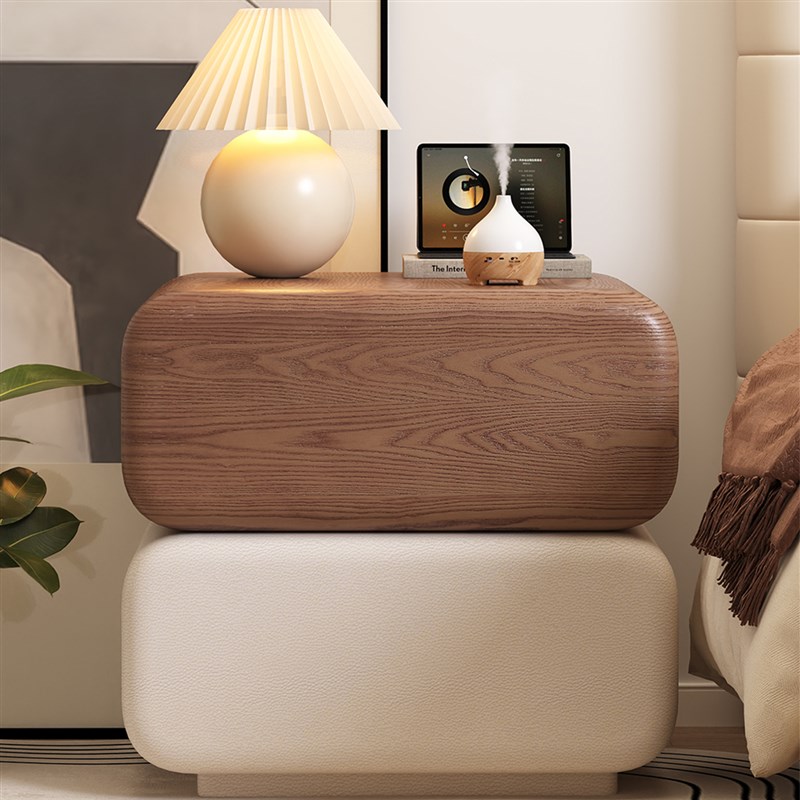 三梦实木床头柜家用卧室2025新款E小型中古奶油风现代简约床边柜