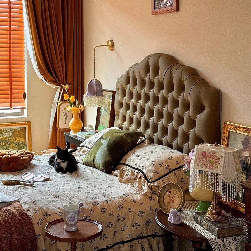 巴斯法式奶油风白色轻奢皮床意式极简双人主卧拉皮床中古风实木床