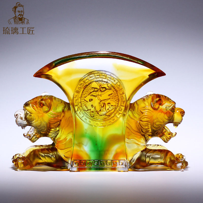 高档琉璃工艺品生肖老虎水晶办公室展示柜书桌装饰摆件虎年吉祥物