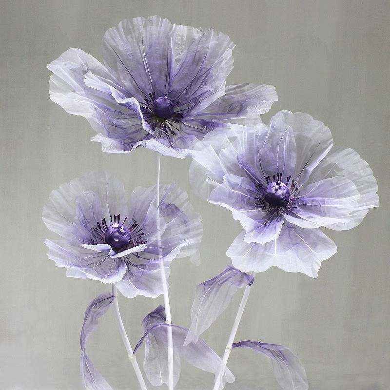 虞美人真丝花丝网花仿真花橱窗装饰摆件纱花场景布置婚礼假花落地