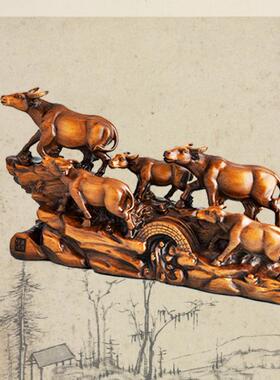 树工艺特色五牛旺财开业摆厅件动物质五牛旺财仿木工脂艺品中式客