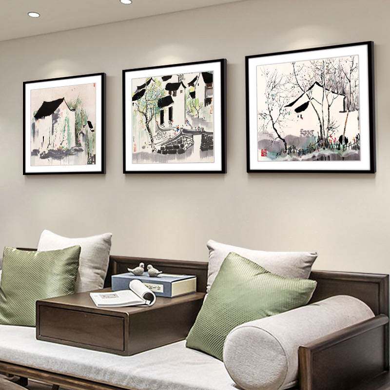 吴冠中水墨画新中式江南水乡国画餐厅卧室挂画现代客厅三联装饰画