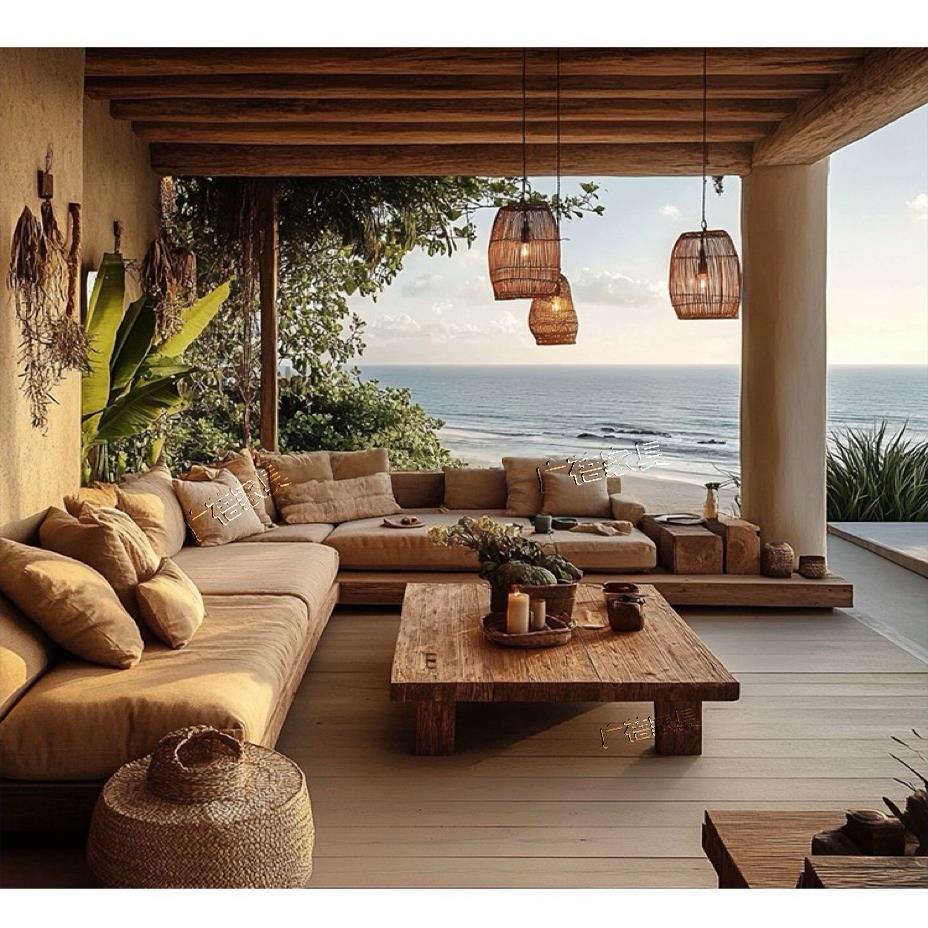 户外柚木侘寂风实木客厅家用长茶几中式直排做旧民宿原木酒店家具