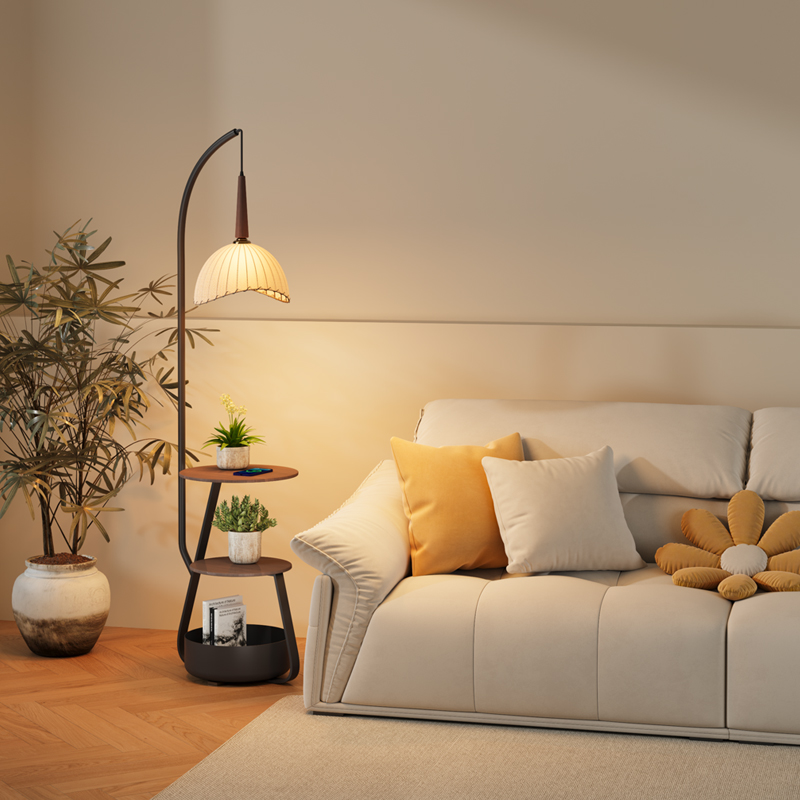 中古风落地灯客厅沙m发旁茶几灯卧室床头柜置物一体无线充立式台