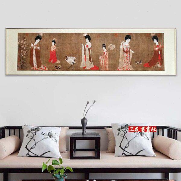 周昉簪花仕女图国画宫女唐代人物挂轴横幅已装裱古画复制仿古卷轴