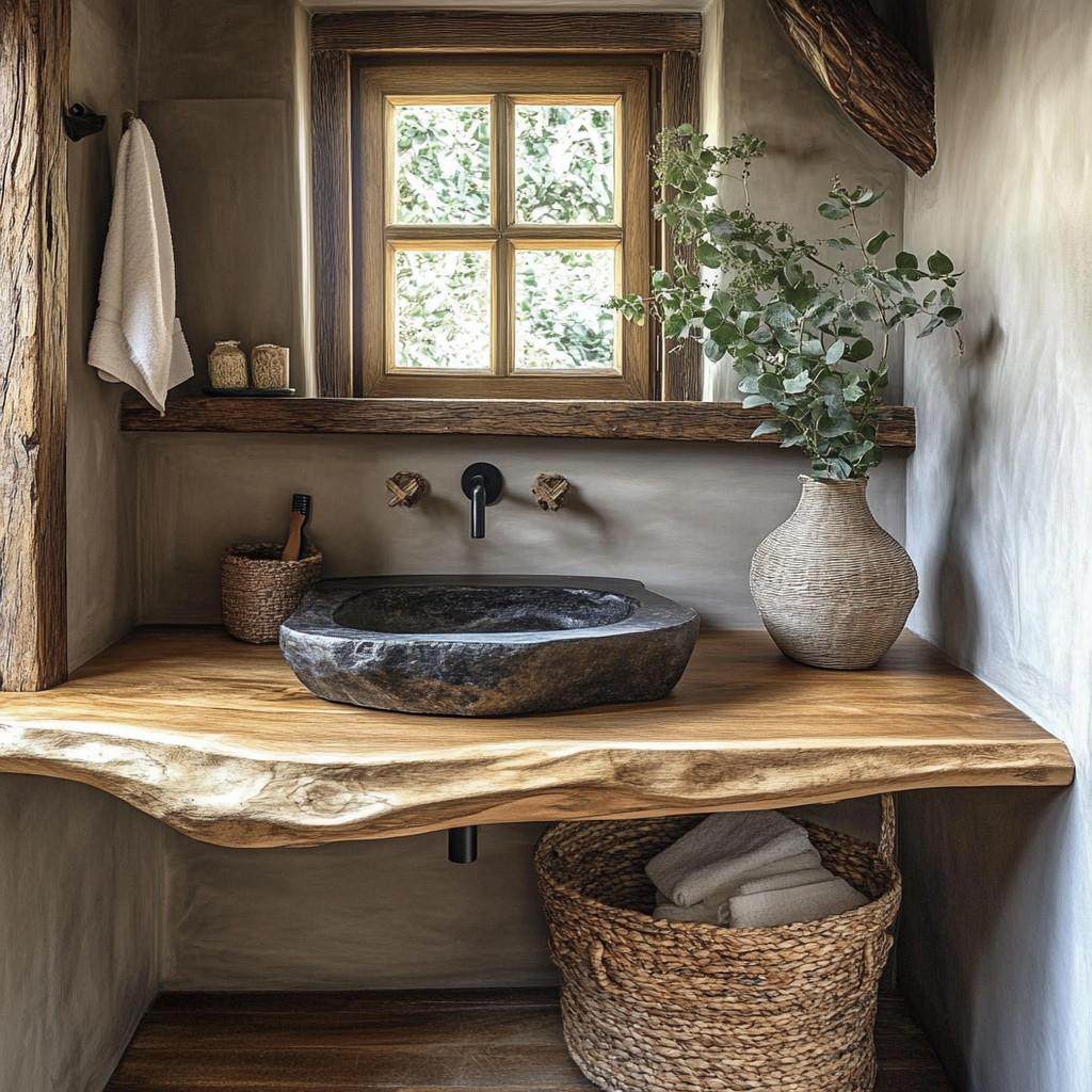 原木洗手台实木洗漱台侘寂风置物层架挂墙化妆室台上盆民宿酒店