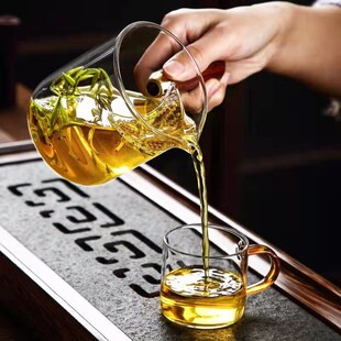 350毫升加厚耐热公道杯高硼硅玻璃实木侧把月牙过滤茶器公杯家用