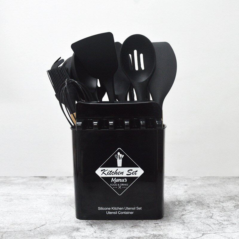 13件套木柄硅胶厨具烹饪铲勺套装不粘锅锅铲带收纳桶厨房工具