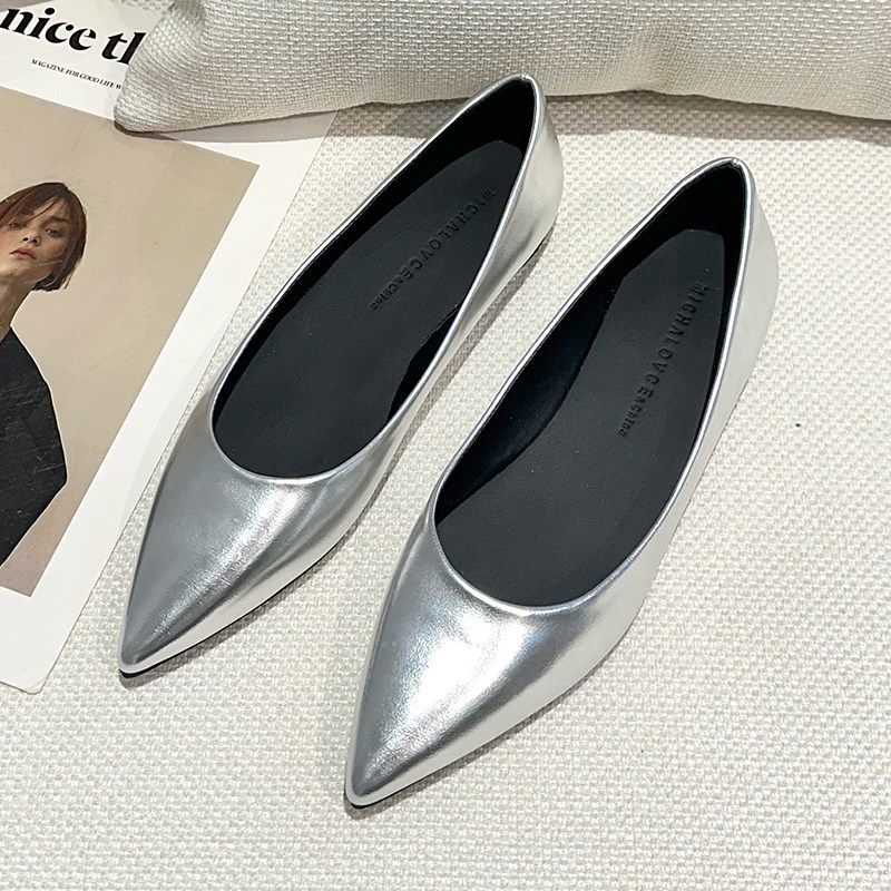 法式银色3cm平底鞋女夏2025新款气质尖头浅口软皮职业黑色高跟鞋,女鞋,浅口单鞋,淘宝优惠券,粉丝福利购,淘宝优惠卷