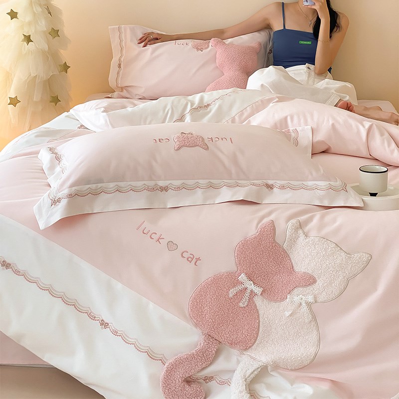 可爱公主风100S全棉磨毛床单四件套秋冬加厚被套粉色小猫床上用品