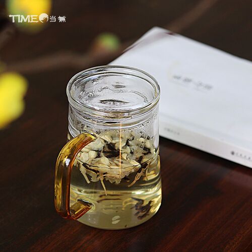 time简约耐热玻璃杯绿茶杯月牙茶水F分离泡茶杯带盖带把花茶杯加