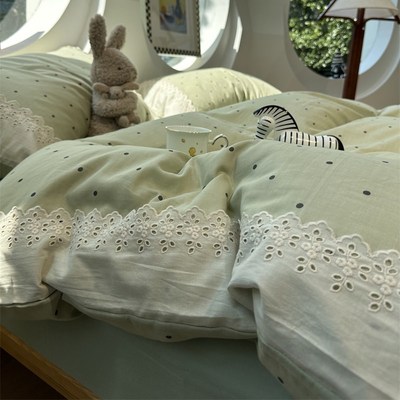 A类母婴级绿色小清新波点花边双层纱纯棉床上四件套1.5m1.8米全棉