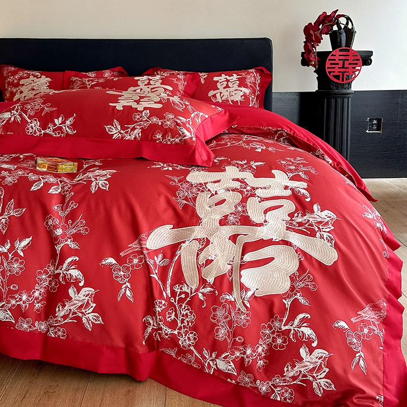 高档100S长绒棉红色结婚四件套纯棉新婚陪嫁床上用品婚庆床单被套