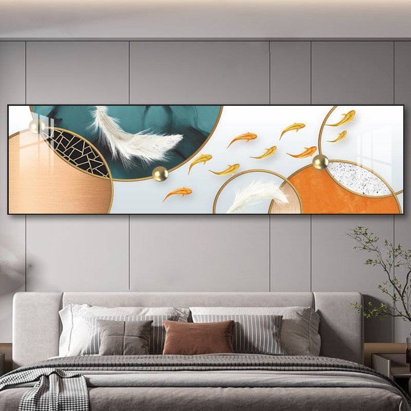 九鱼图卧室挂画 画主卧床头装饰画 画高级感房间横版客厅沙发背景图片