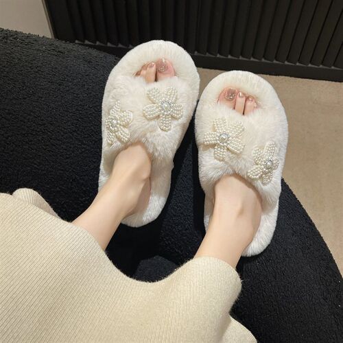 珍珠花花毛毛鞋女毛毛拖鞋外穿保暖增高秋冬6cm厚底甜.美交叉棉拖