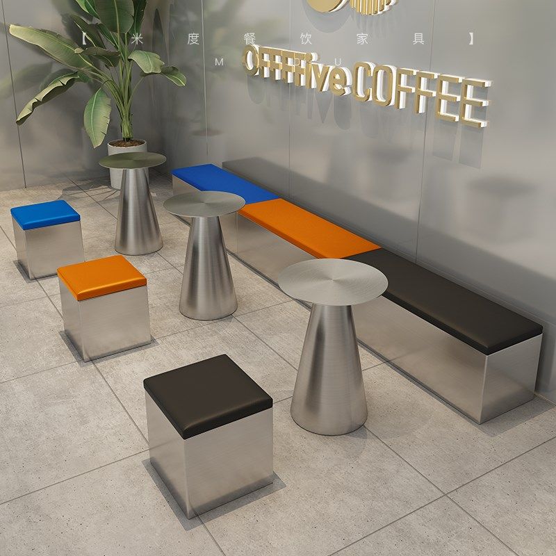 工业风咖啡厅靠墙卡座沙发奶茶甜品店不锈钢桌椅无靠背长条凳定制
