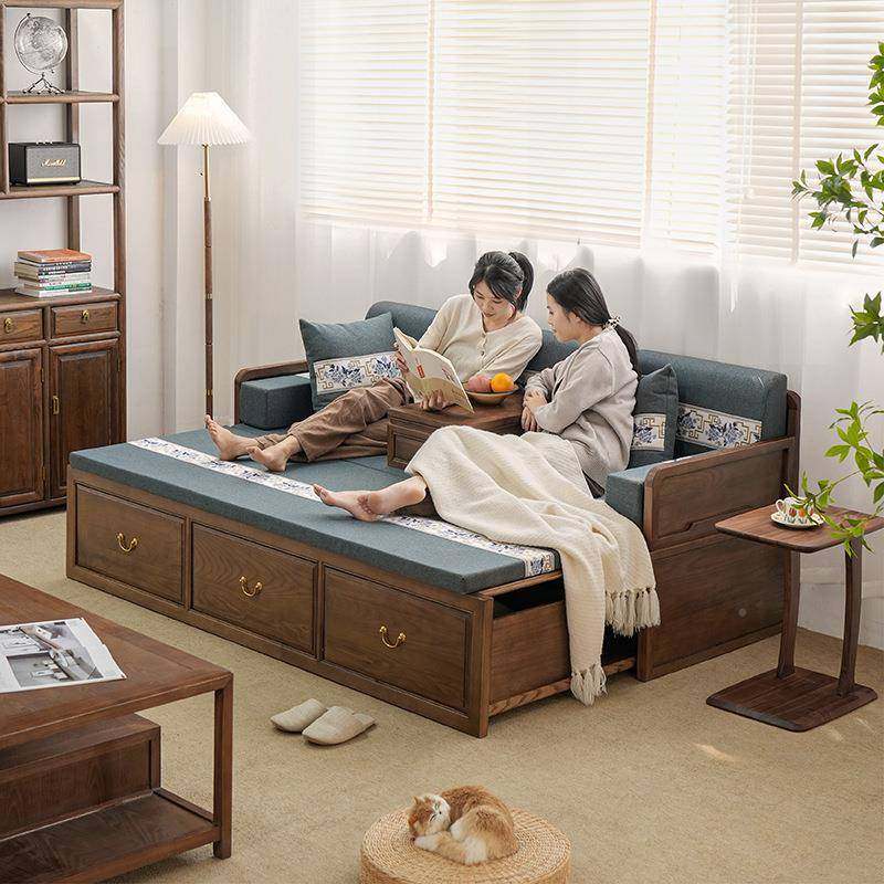 新中式罗储汉床23TC-05物实木推拉床箱体沙发床客厅蜡木胡桃木轻