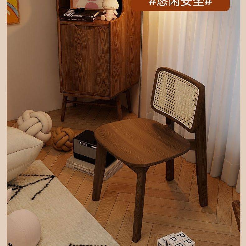 中古藤编餐椅吃饭凳子家用餐桌椅实木靠背椅复古设计师原木藤编椅