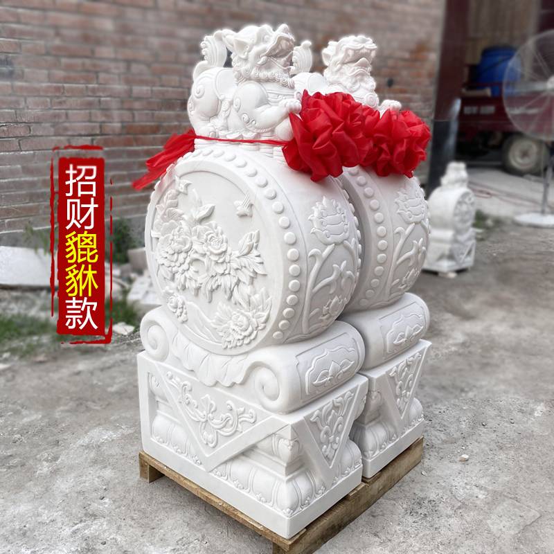石雕门墩汉白玉抱鼓石一对家用庭院门口青石貔貅狮子小象麒麟摆件