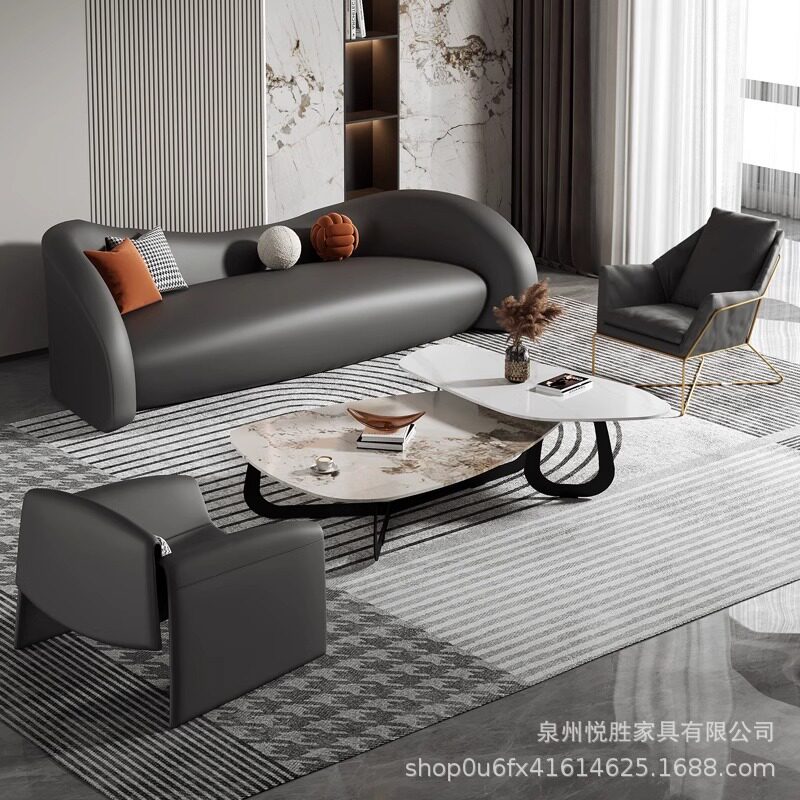 意式轻奢弧形皮艺异形休闲组合沙发客厅别墅酒店商务办公接待沙发