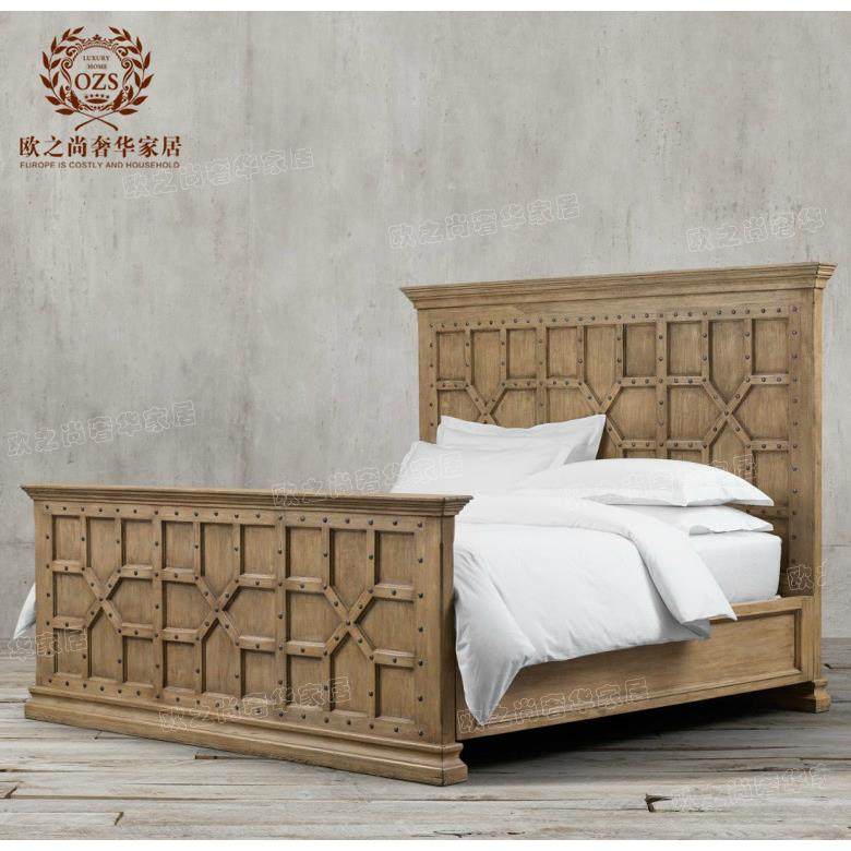 OZS-5421RH法式仿古做旧1.8米.5米实木床铆钉床1美式乡村复古橡双