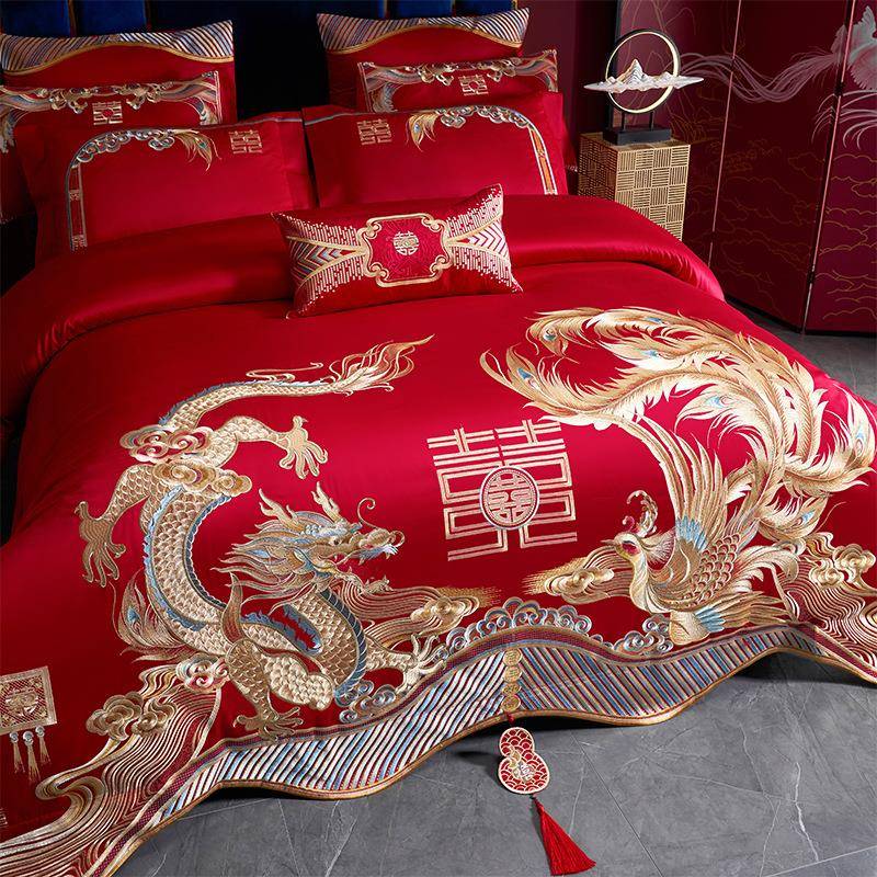高端长绒棉婚庆四件套重绣工刺贵全喜被中式婚礼PQK妃枕婚庆棉六