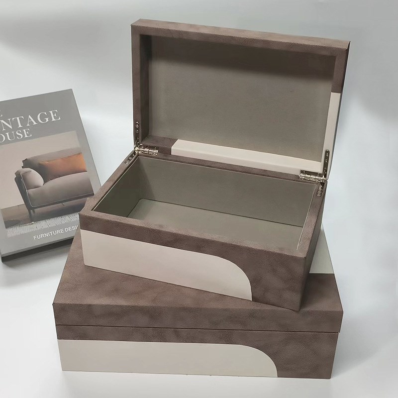 现代简约首饰盒i样板房衣帽间皮革拼接装饰盒饰品盒卧室床头柜摆