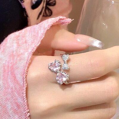 srrmhyn超甜少女心粉色蝴蝶结戒指女气质时尚百搭开口指环