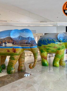 玻璃钢动物大象雕塑商业街广场景区活动美陈雕塑装饰摆件彩绘雕塑