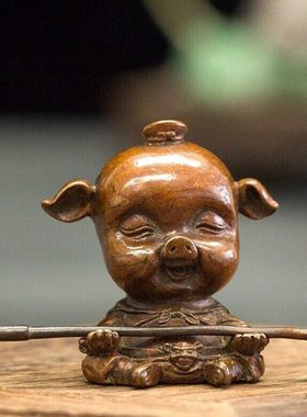 手工仿古实心紫铜茶宠小物件 生肖猪八戒打坐 手把件 茶道小摆件