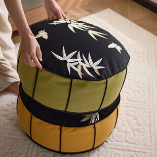 中古风蒲团竹叶刺绣丝绒坐墩客厅懒人沙发榻榻米坐垫脚墩新中式