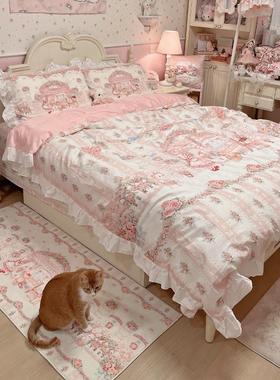 梦境编织|原创蔷薇花园粉色支贡缎长绒棉全棉床上四件套